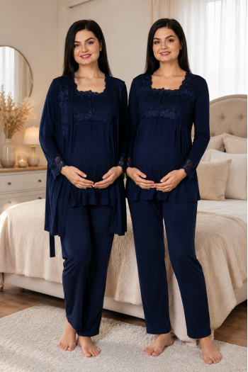 Effortt 2401L Lacivert Lohusa Pijama Takım Sabahlık